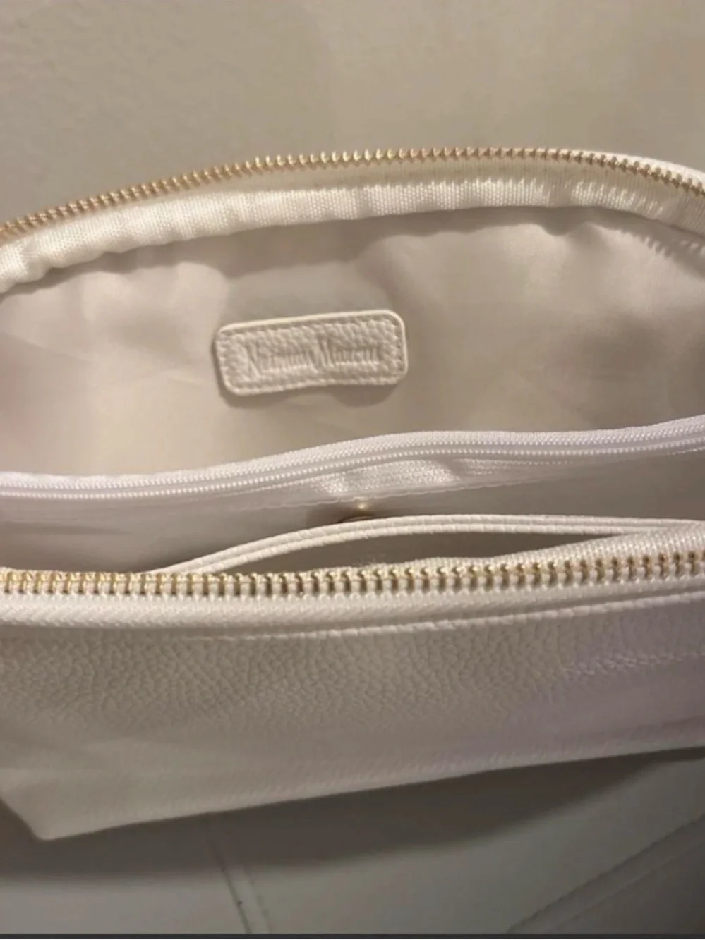 Neiman Marcus Cream Zip-Top Wristlet Clutch